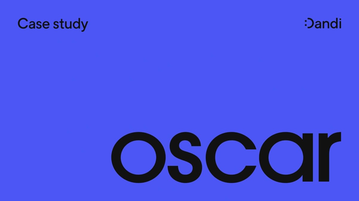 Text reads: Case study, Oscar. The Dandi smiley logo is in the upper right.