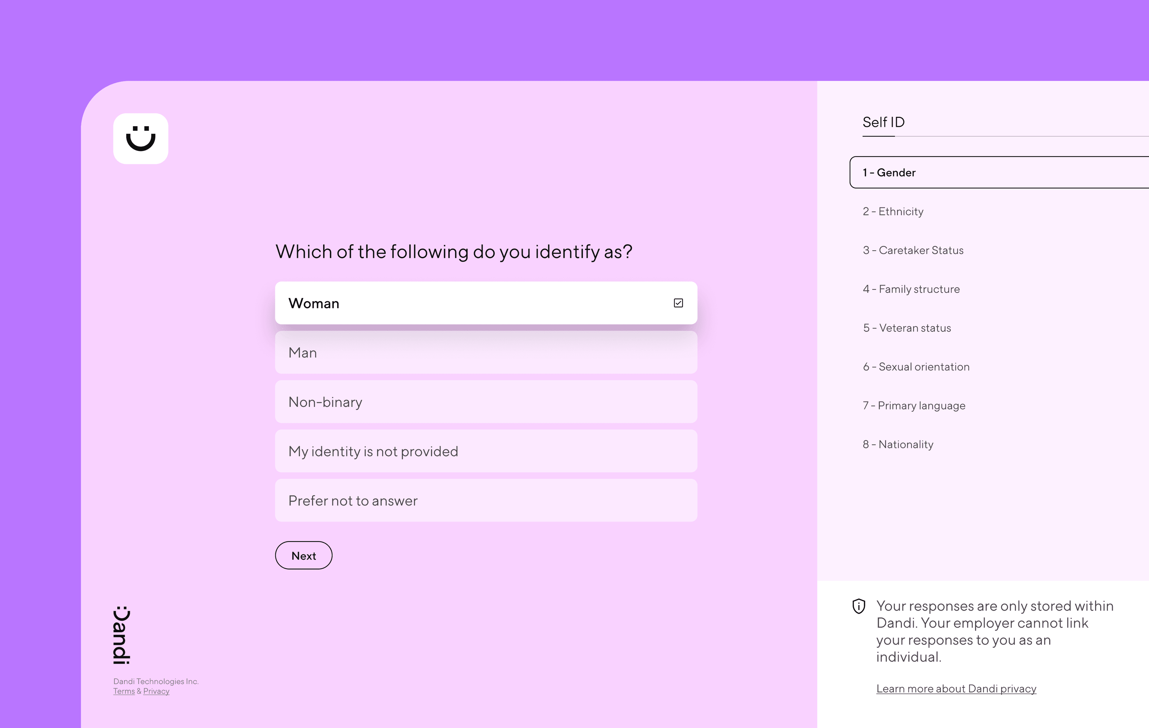 Sample Dandi Self-ID questionnaire an employee would see. The displayed question asks about gender identity. A menu on the right shows additional self-ID categories. The bottom right includes privacy information.