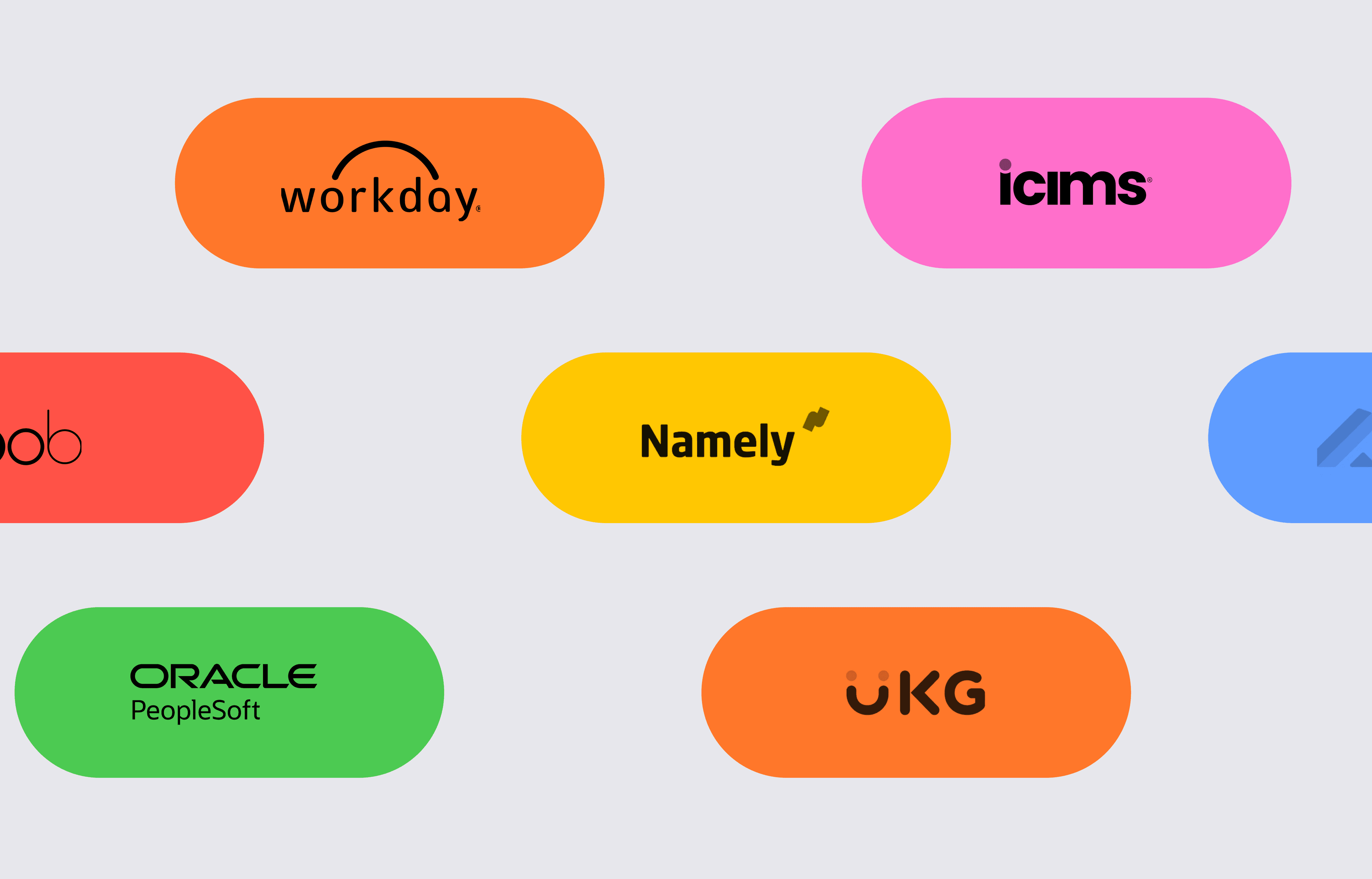Colorful bubbles with logos for Workday, iCIMS, HiBob, Namely, Oracle PeopleSoft, and UKG.