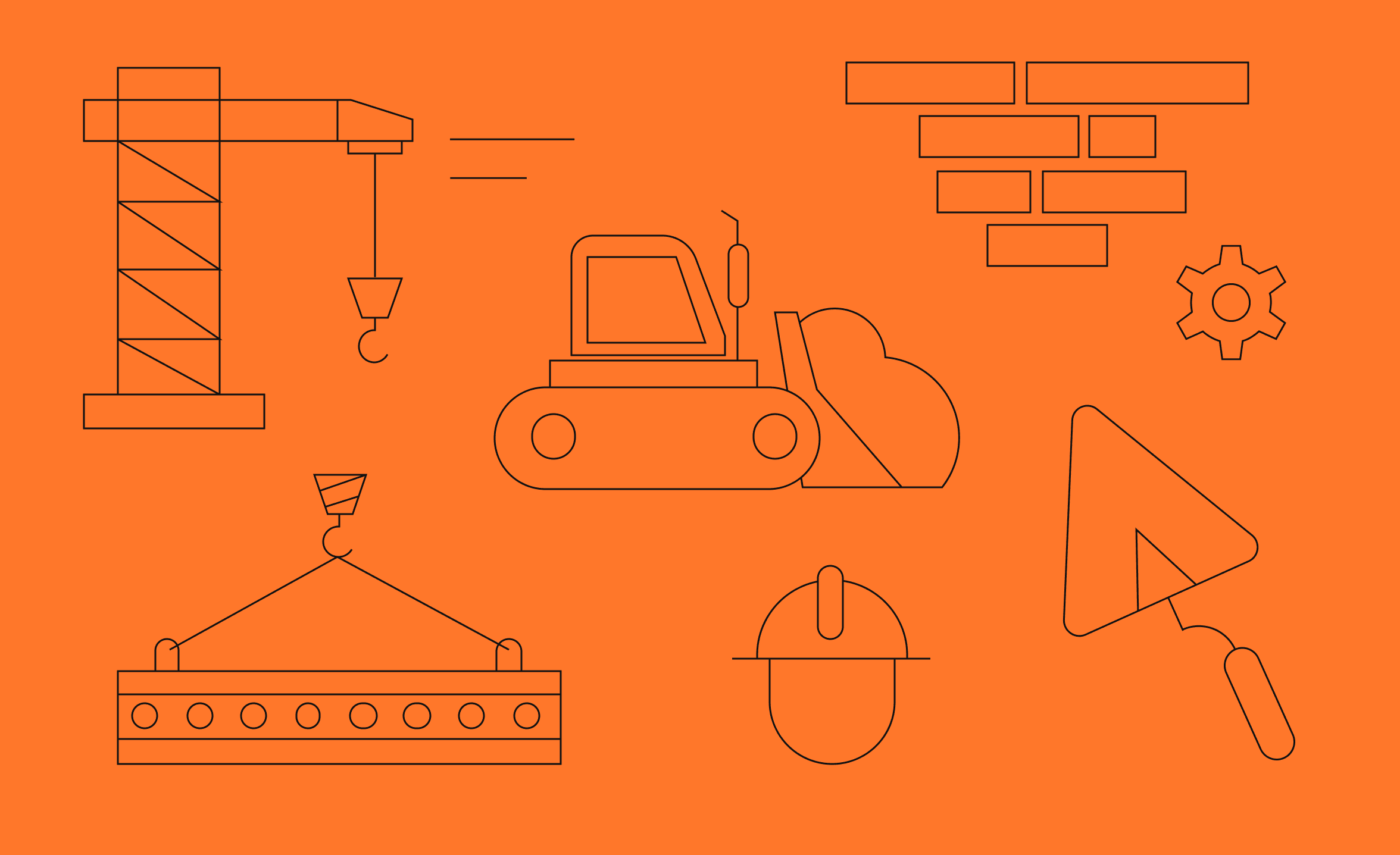 Line illustrations of construction-related icons, including a crane, bulldozer, trowel, and a person in a hard hat.